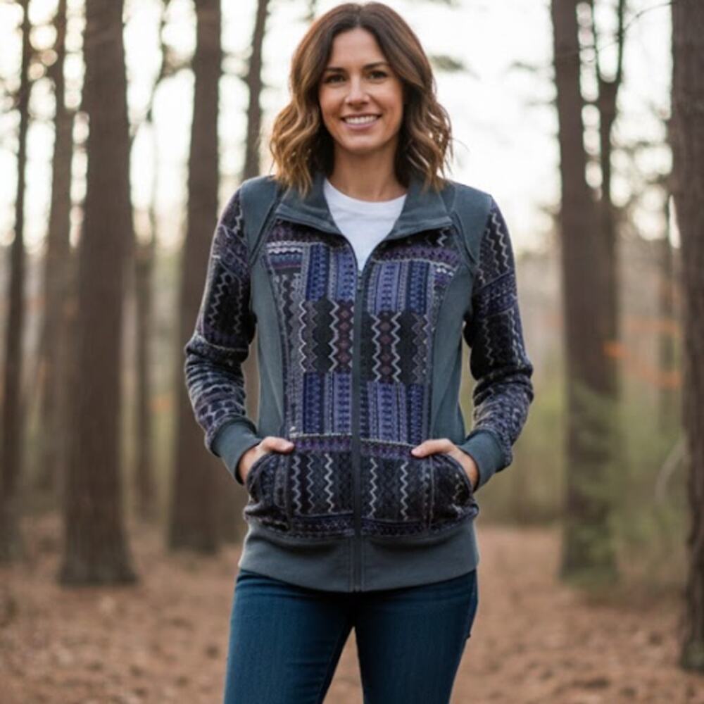Prana Geometric Hemp Organic Cotton Blend Full Zip Jacket Navy Blue Size M